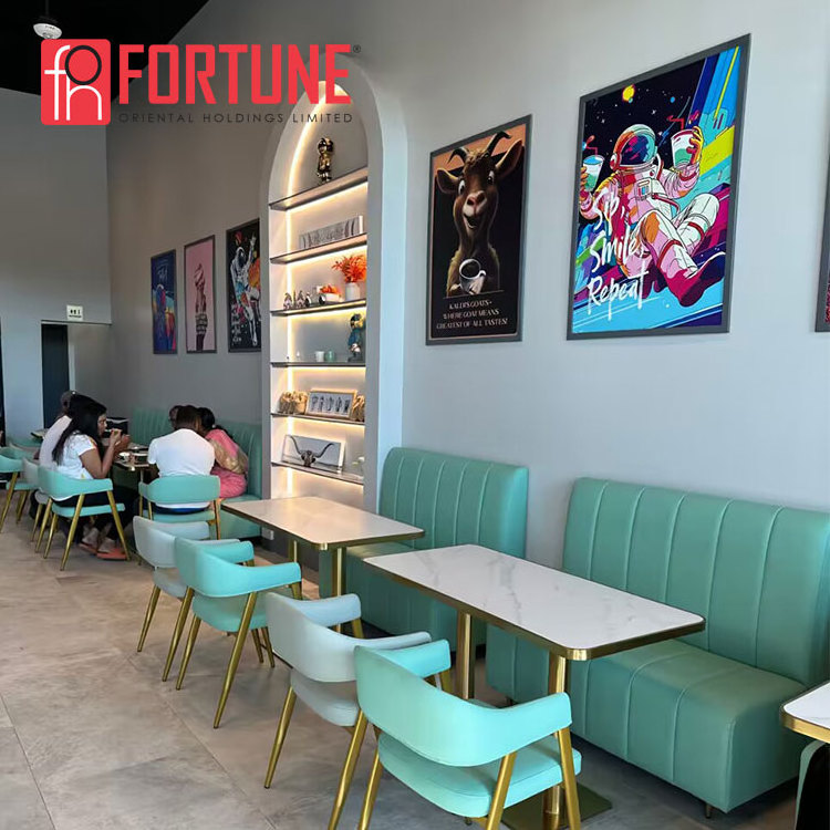 Custom light green restaurant booth table and chairs for Ice Cream Milk Tea Shop