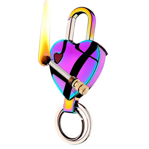 Heart-Shaped Permanent Matching Metal Keychain Lighter with Flashlight for Emergency Survival Hiking Best Gifts