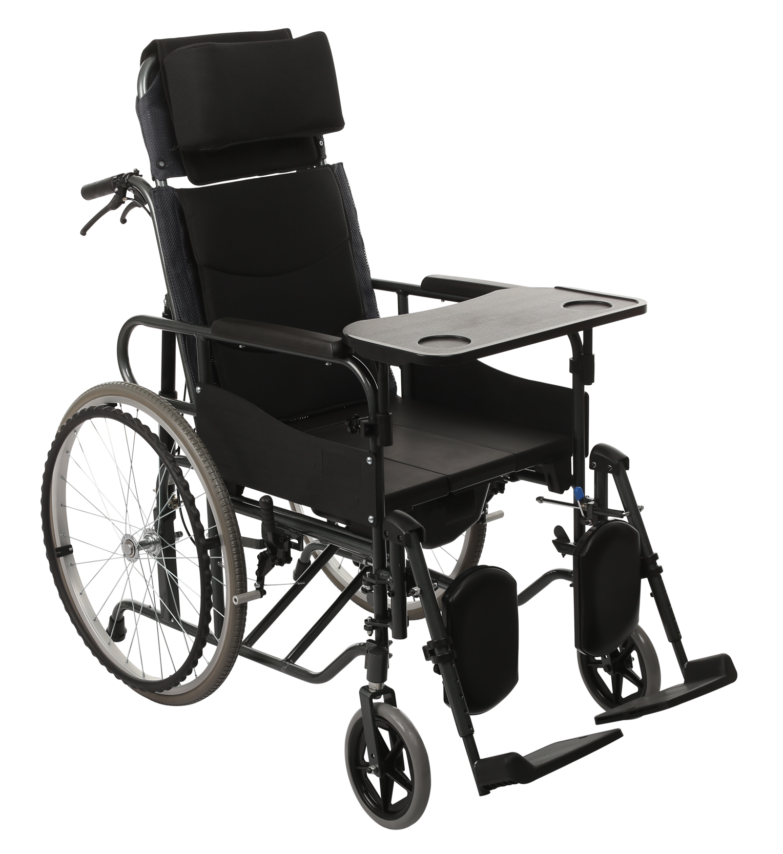 High back portable manual commode wheelchair bed with toilet