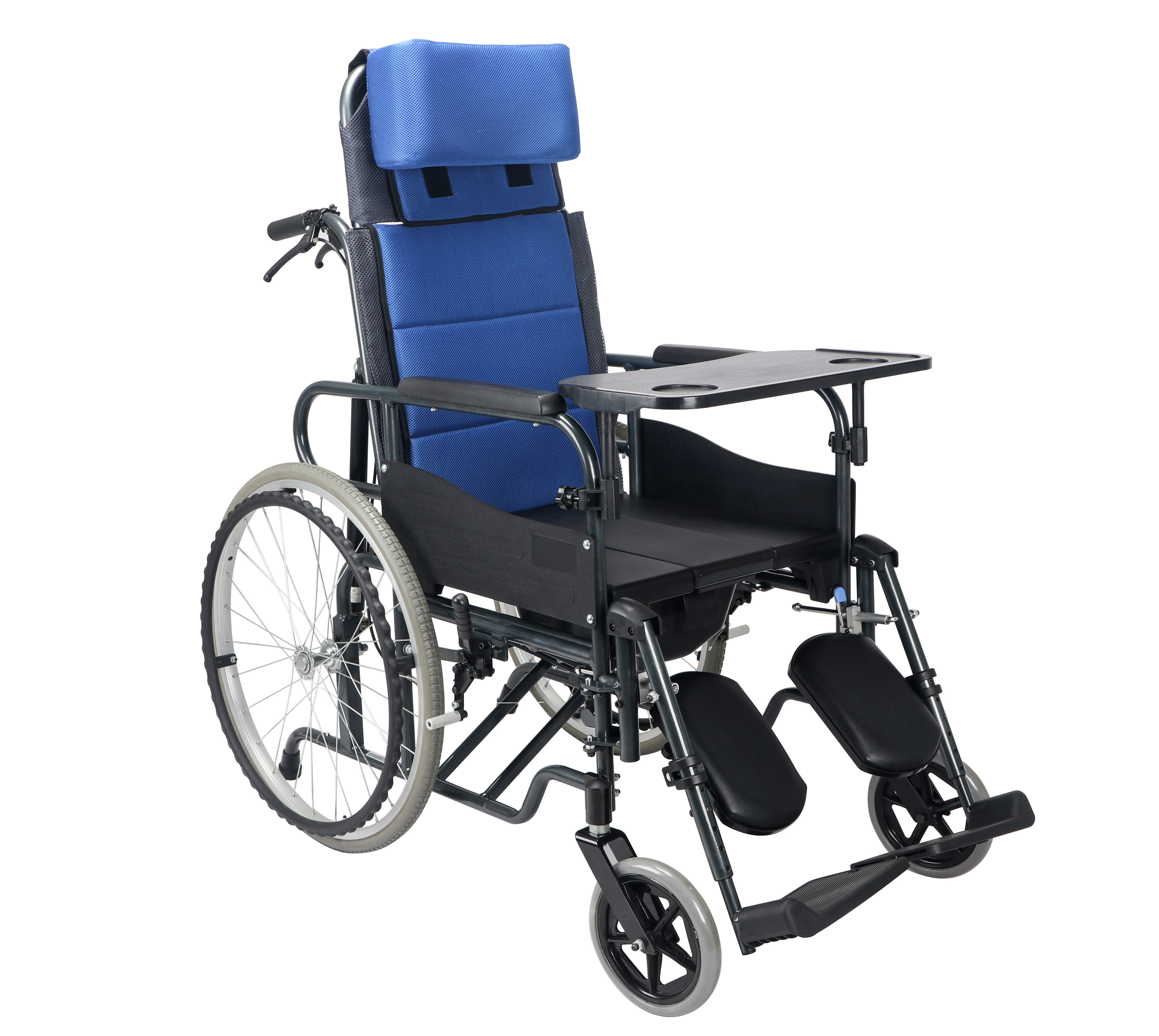 High back portable manual commode wheelchair bed with toilet