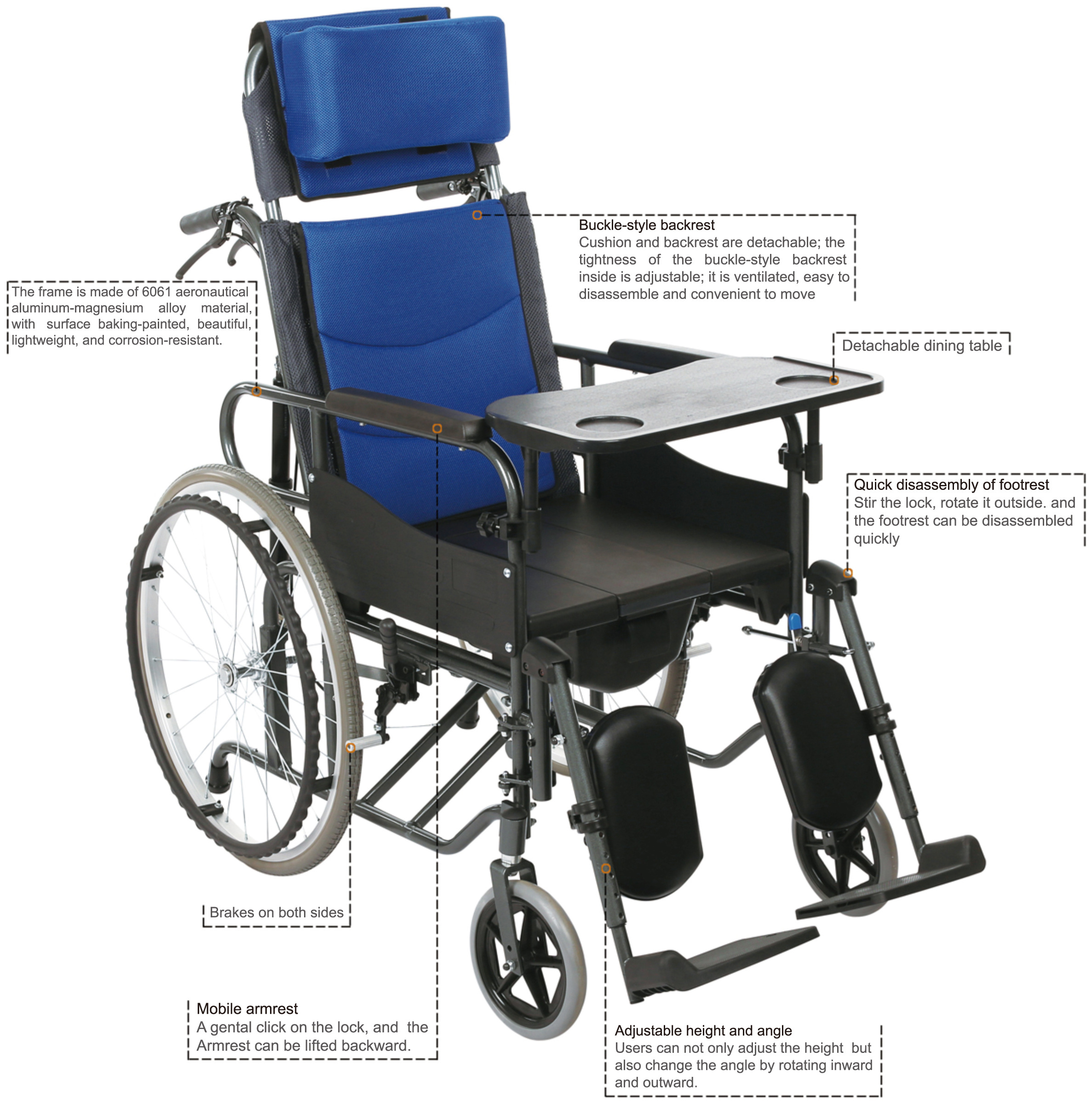 High back portable manual commode wheelchair bed with toilet