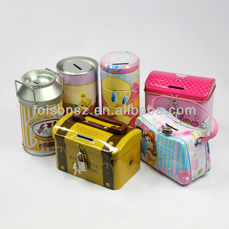 Treasure Chest Metal Tin Money Locker Saving Box Coin Bank Tin Can With Plastic Handle custom boxes with logo