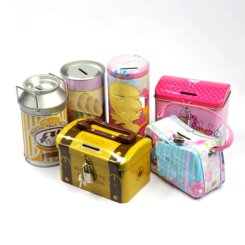 various shape and size metal tin coin box tin piggy bank money saving box