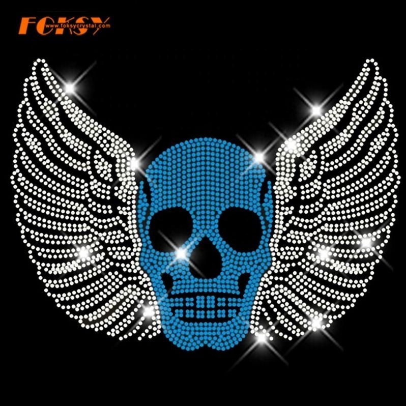 crystal glass stone motif one piece hot fix rhinestone skull designs on t shirt - FOKSY