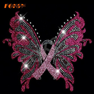 Heat Transfer Butterfly Rhinestone Glitter Custom Made Hotfix Motifs Pink Ribbon Design For Clothing - FOKSY