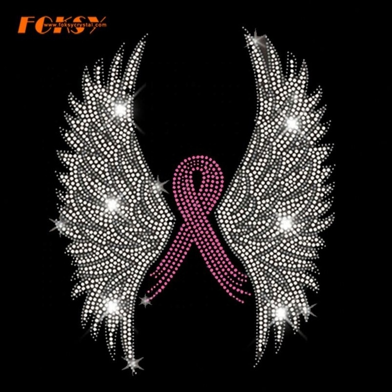 Heat Transfer Butterfly Rhinestone Glitter Custom Made Hotfix Motifs Pink Ribbon Design For Clothing - FOKSY