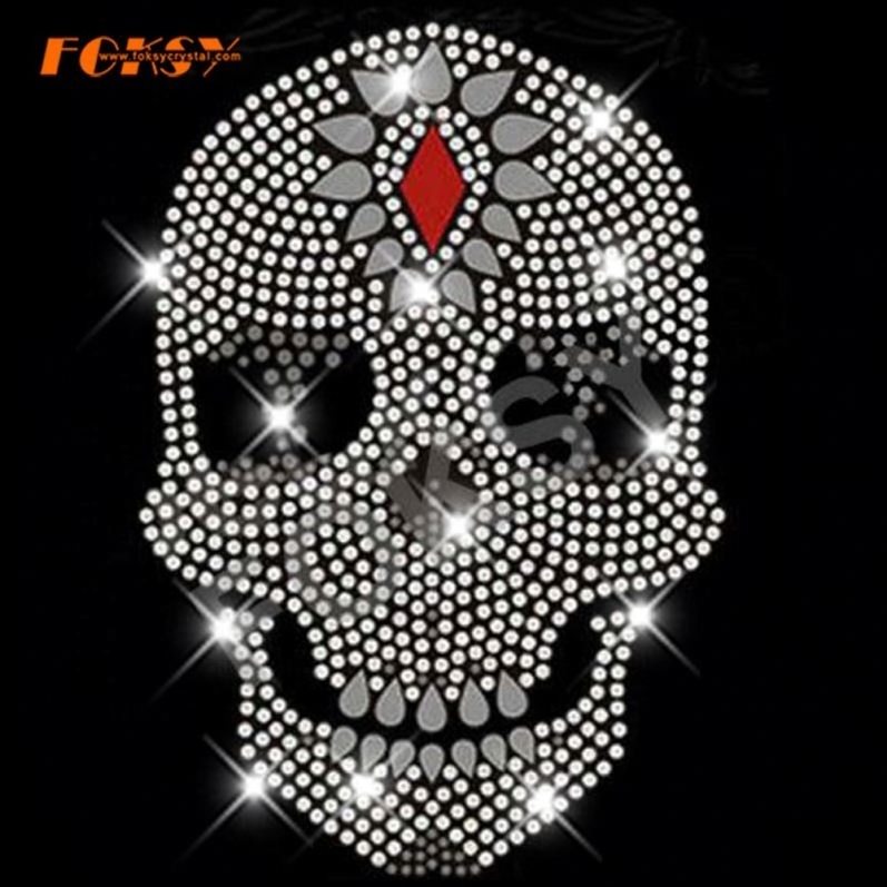 crystal glass stone motif one piece hot fix rhinestone skull designs on t shirt - FOKSY