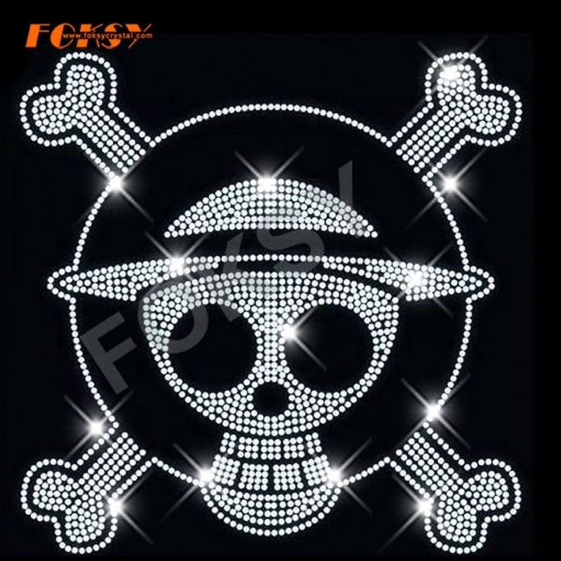 crystal glass stone motif one piece hot fix rhinestone skull designs on t shirt - FOKSY