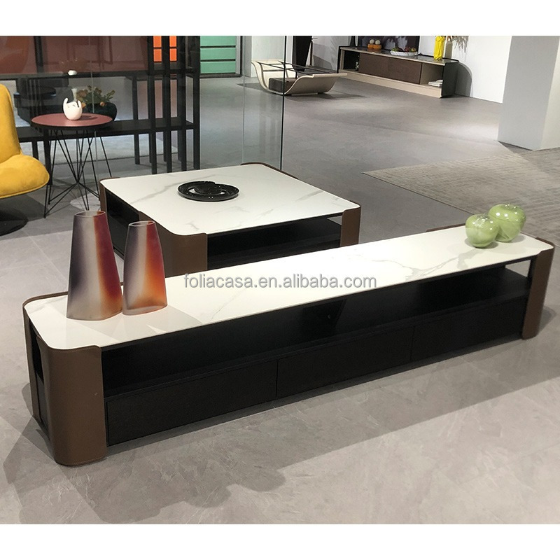 Modern nordic large storage coffee table wood square sintered stone top leather cover living room tv stand and coffee table set