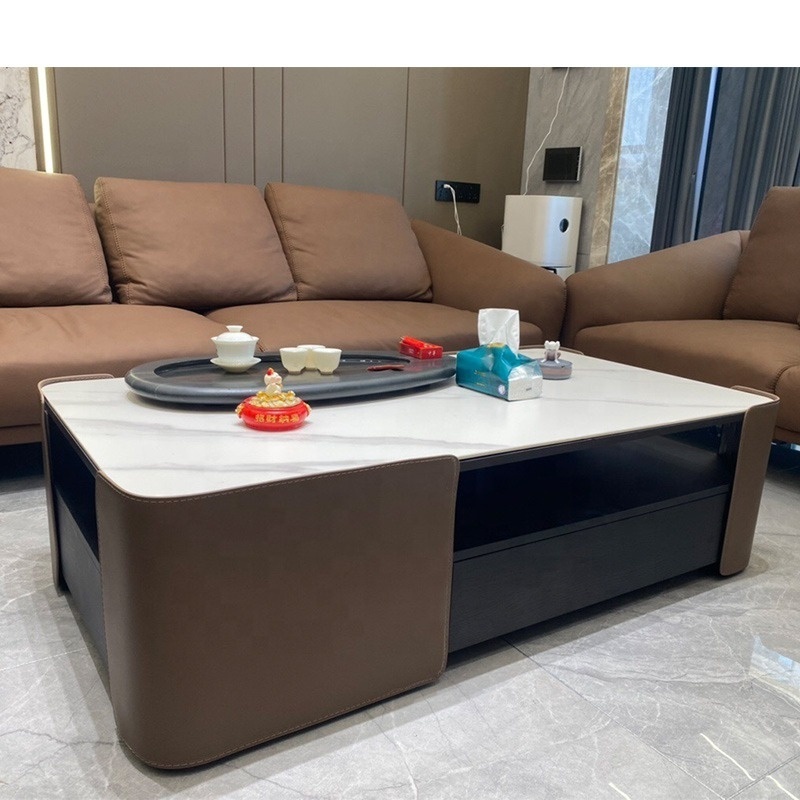 Modern nordic large storage coffee table wood square sintered stone top leather cover living room tv stand and coffee table set