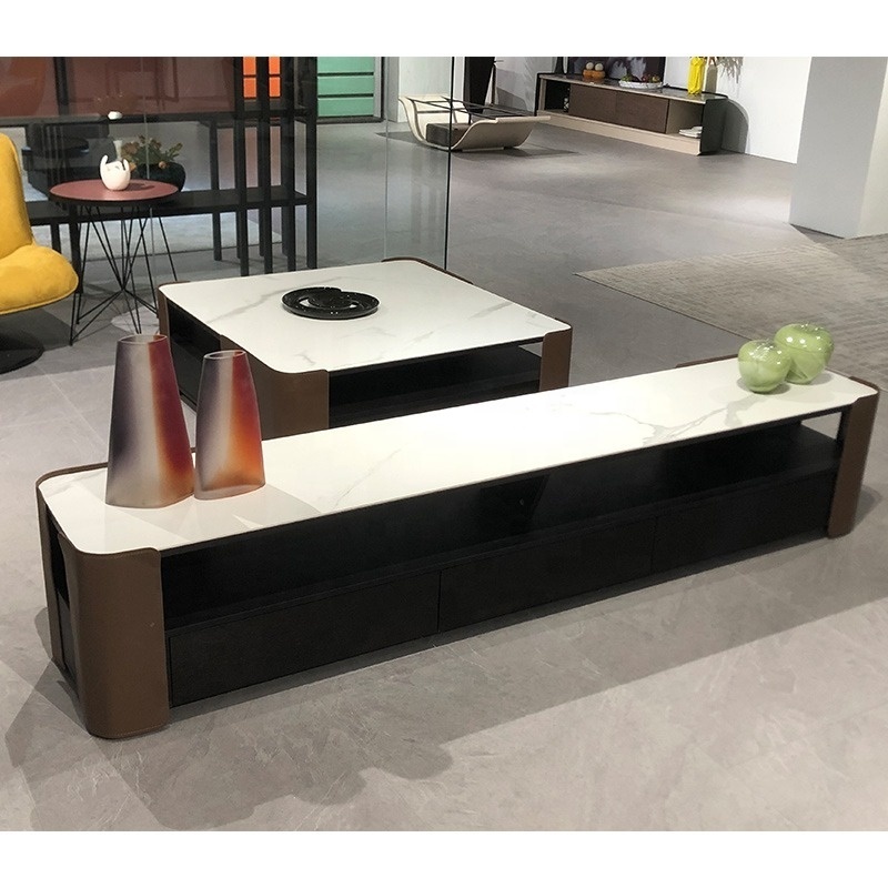 Modern nordic large storage coffee table wood square sintered stone top leather cover living room tv stand and coffee table set