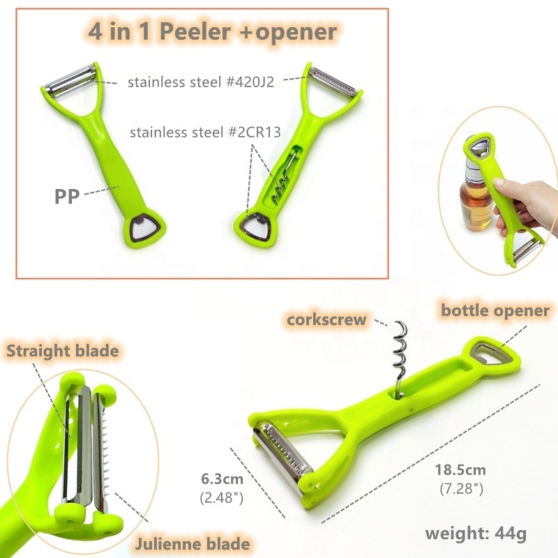 4 in 1 Multi Function Vegetable Peeler Bottle Opener Kit with Anti-slip Handle,Fruit Peelers Corkscrew Handy Kitchen Gadgets