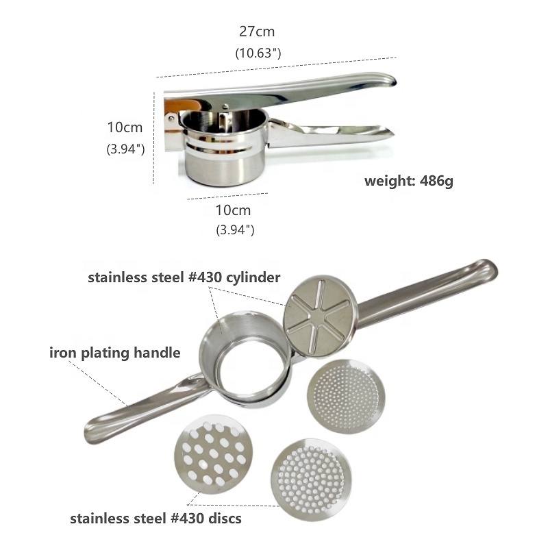 Heavy Duty Stainless Steel Potato Masher and Ricer with 3 Interchangeable Strainer (Fine, Medium, Coarse),Large Potato Ricer