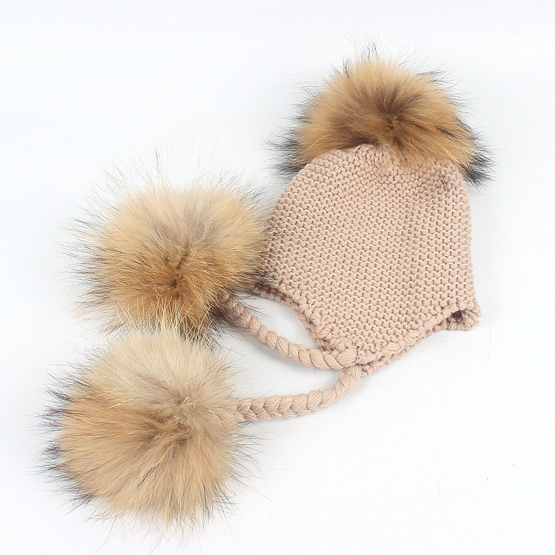 New Autumn Winter Hat For Kids Baby Ponytail Beanie 15 CM Real Fur Pompom Hat Wool Knitted Cap Children Boys Girls EarFlap Hat