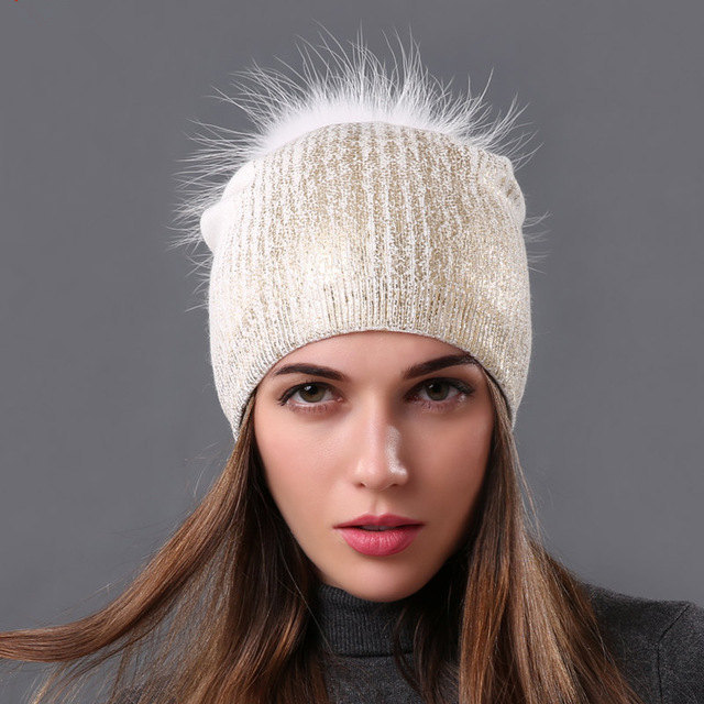 Women winter new down stitching wool hat fox fur ball knitted hat outdoor thick warm Beanie Cap raccoon fur pom pom hat