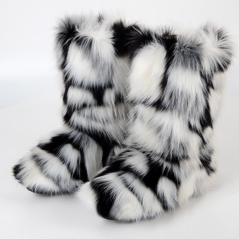 2024 Big Size Winter Women's Faux Fox Fur outdoor Boots Fluffy Stripe Furry High top Boots Woman Fur Home Female Warm Home Shoe