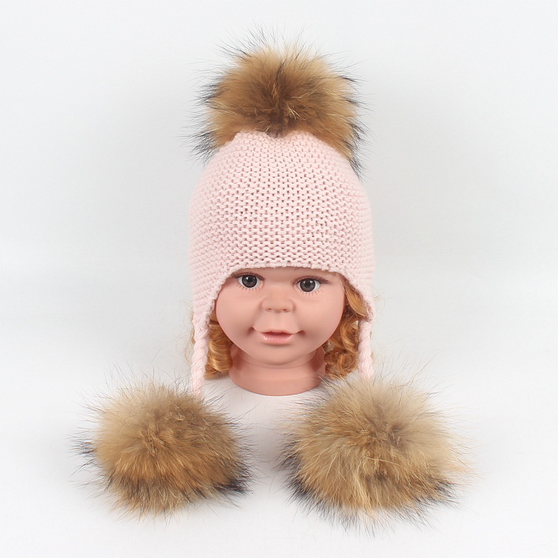 New Autumn Winter Hat For Kids Baby Ponytail Beanie 15 CM Real Fur Pompom Hat Wool Knitted Cap Children Boys Girls EarFlap Hat