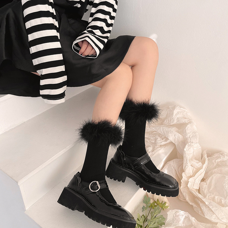 Autumn Winter Fashion Cotton Long Sock Women Fluffy Feather Mid-Tube Socks Sweet Boot Calf Socks Sexy Ladies Stockings