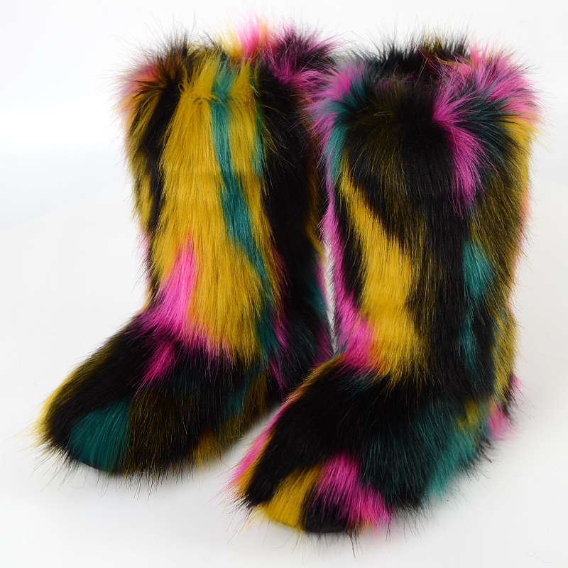 2024 Big Size Winter Women's Faux Fox Fur outdoor Boots Fluffy Stripe Furry High top Boots Woman Fur Home Female Warm Home Shoe