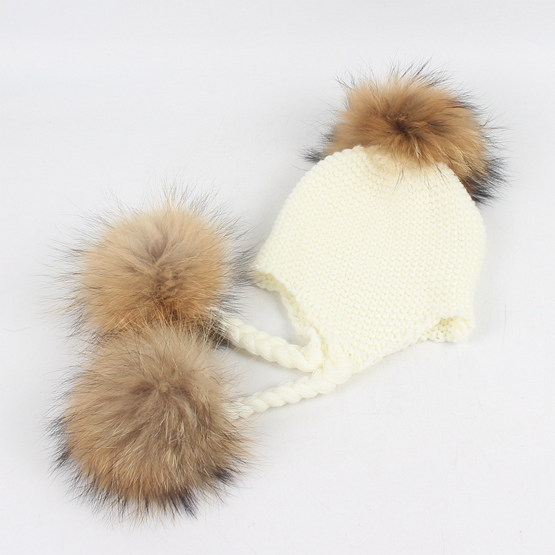 New Autumn Winter Hat For Kids Baby Ponytail Beanie 15 CM Real Fur Pompom Hat Wool Knitted Cap Children Boys Girls EarFlap Hat