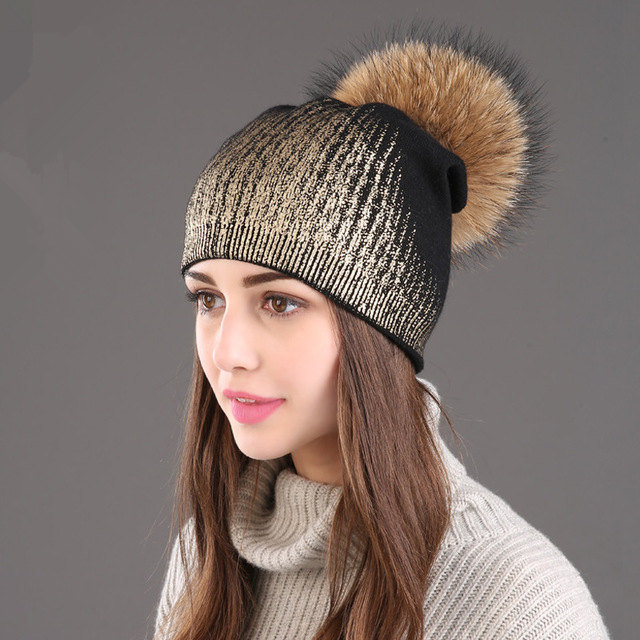 Women winter new down stitching wool hat fox fur ball knitted hat outdoor thick warm Beanie Cap raccoon fur pom pom hat