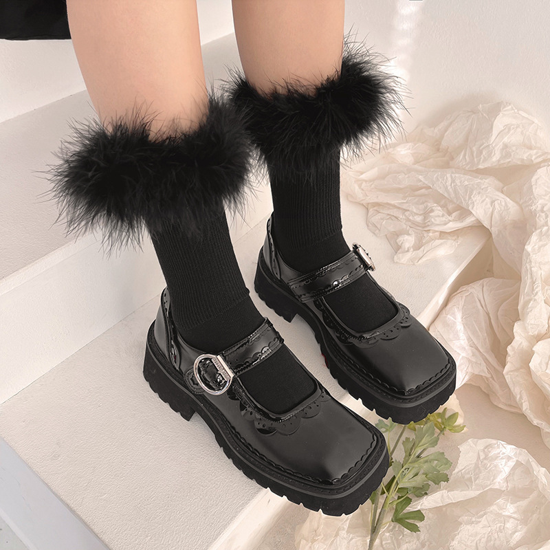 Autumn Winter Fashion Cotton Long Sock Women Fluffy Feather Mid-Tube Socks Sweet Boot Calf Socks Sexy Ladies Stockings