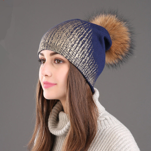 Women winter new down stitching wool hat fox fur ball knitted hat outdoor thick warm Beanie Cap raccoon fur pom pom hat