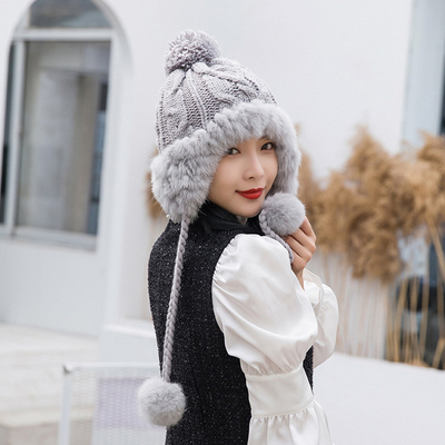 2024 New Ear Flap Cap Winter  Women's Hat Warm Kitted Hat with Rabbit Fur cap Trapper Cap With Pom Pom Bomber Hats