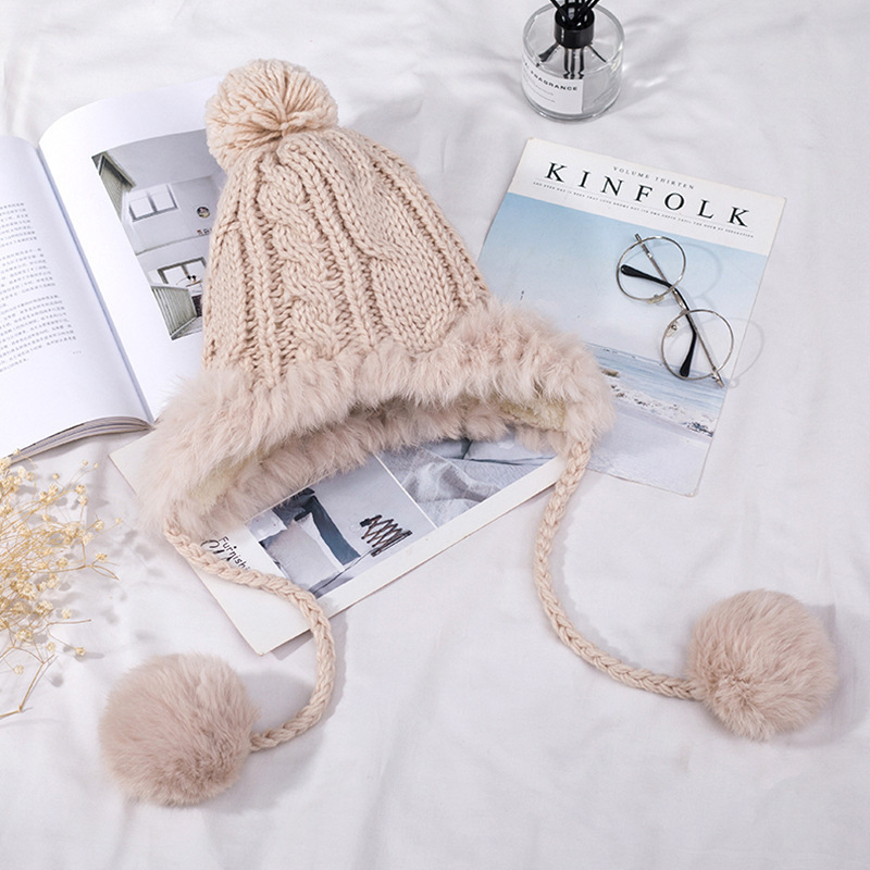 2024 New Ear Flap Cap Winter  Women's Hat Warm Kitted Hat with Rabbit Fur cap Trapper Cap With Pom Pom Bomber Hats