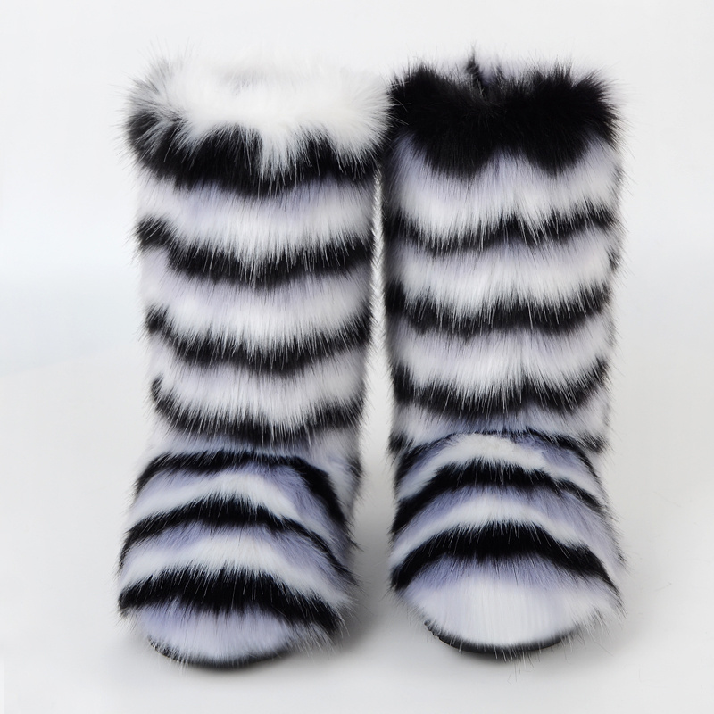 2024 Big Size Winter Women's Faux Fox Fur outdoor Boots Fluffy Stripe Furry High top Boots Woman Fur Home Female Warm Home Shoe