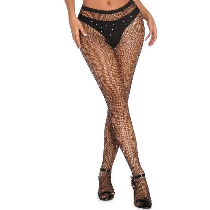 Latest medium hollow out fishnet sexy mature women slim tights black rhinestone pantyhose