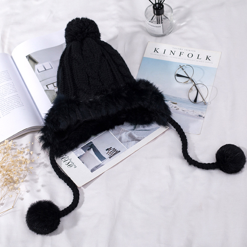 2024 New Ear Flap Cap Winter  Women's Hat Warm Kitted Hat with Rabbit Fur cap Trapper Cap With Pom Pom Bomber Hats