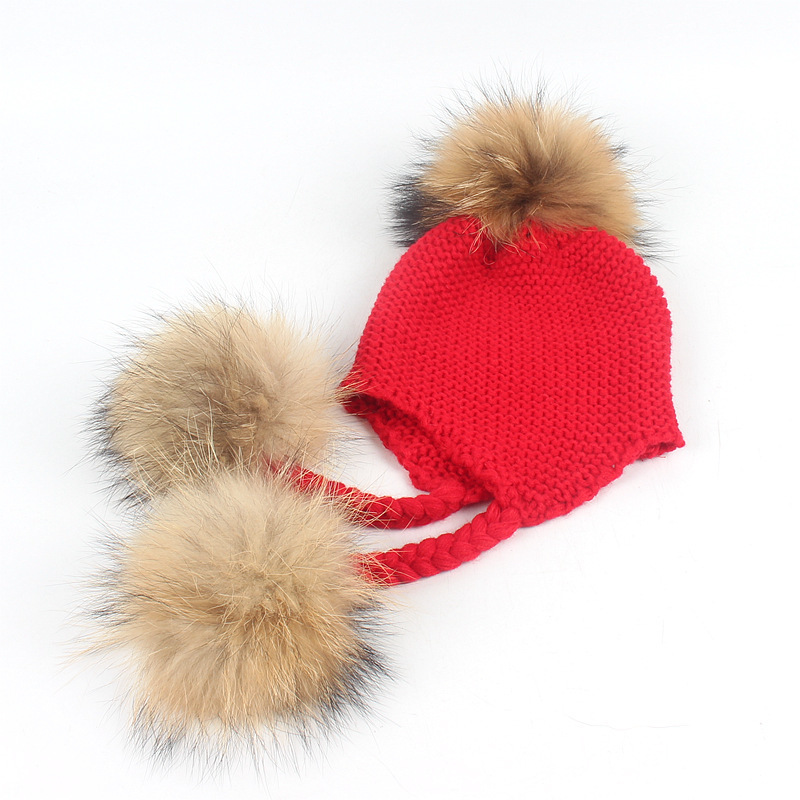 New Autumn Winter Hat For Kids Baby Ponytail Beanie 15 CM Real Fur Pompom Hat Wool Knitted Cap Children Boys Girls EarFlap Hat