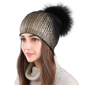 Women winter new down stitching wool hat fox fur ball knitted hat outdoor thick warm Beanie Cap raccoon fur pom pom hat