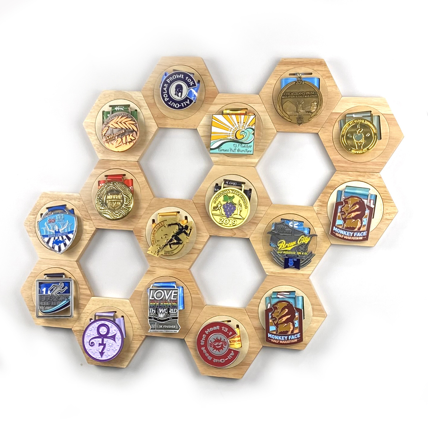 Free DIY Wall Mounted Honeycomb Wooden Medal Rack Wooden Medal Display Rack