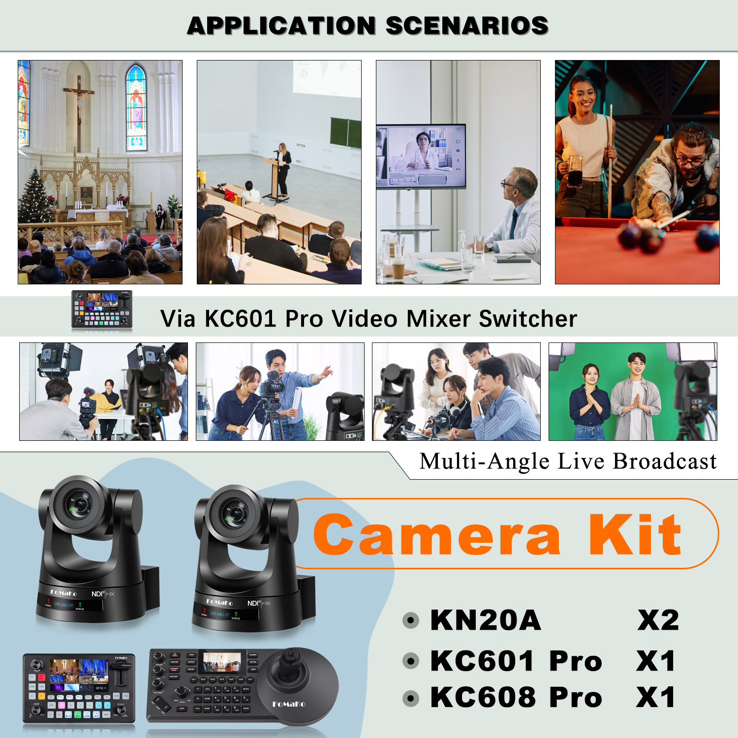 BN420 2*KN20A 20x HDMI  SDI NDI  PTZ Camera + PTZ Camera PTZ Controller + Video Mixer Switcher for livestreaming+ church