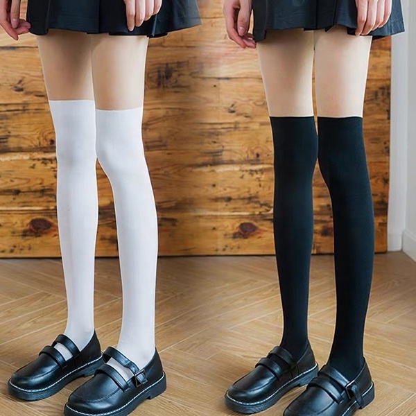 2024 Japanese Teen Girls Knee High Thigh High Stripe Tights Semi Opaque imitate Stockings Black Beige Tights / Pantyhose