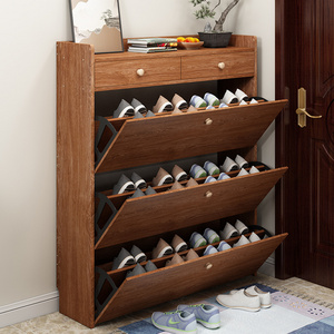 Home entry furniture large brown walnut wooden rustic flip drawer shoe cabinet storage rack for shoes