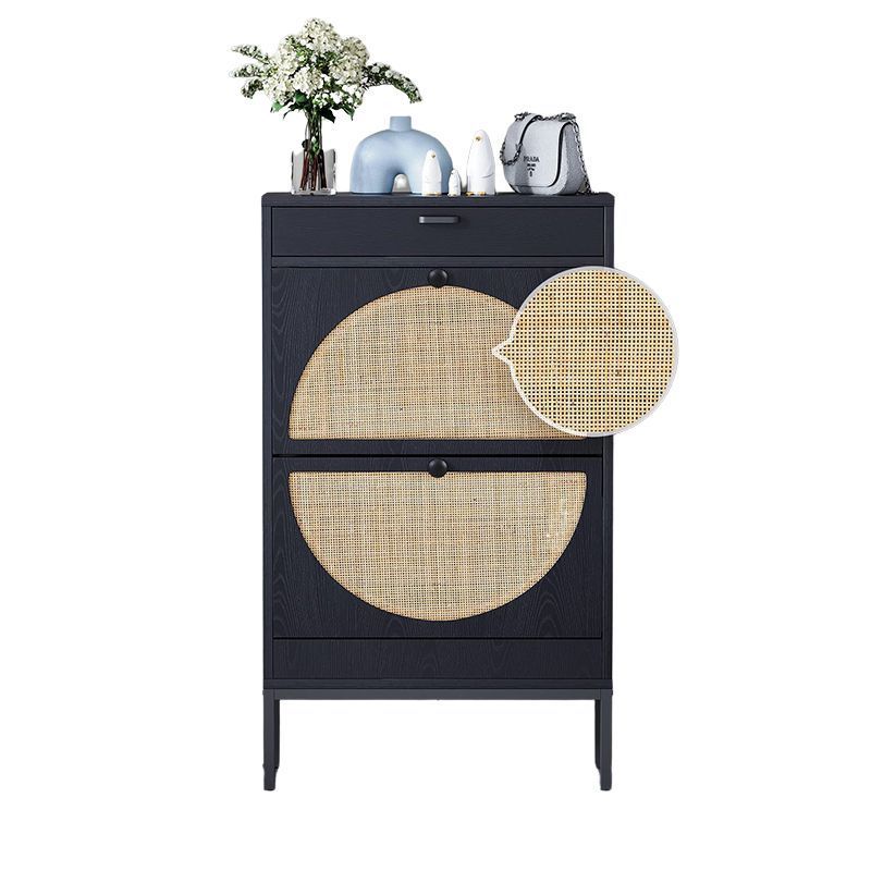 Black wooden breathable ventilation wicker rattan slim mini shoe cabinet rack storage suppliers with drawer