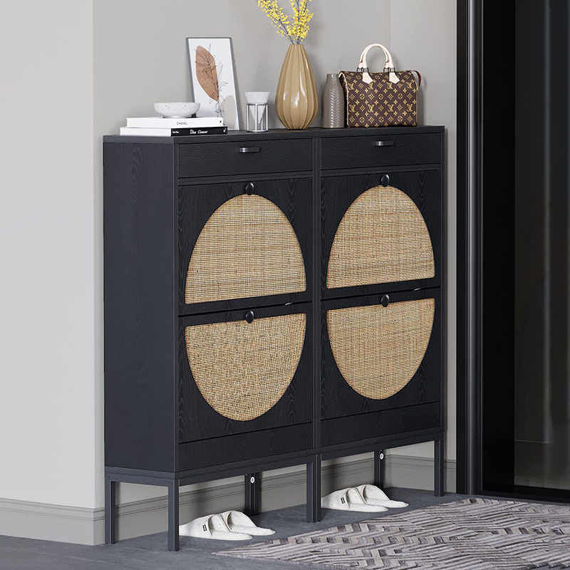 Black wooden breathable ventilation wicker rattan slim mini shoe cabinet rack storage suppliers with drawer