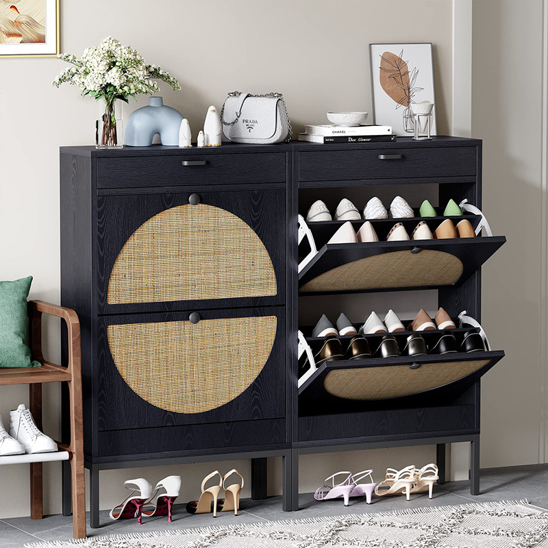 Black wooden breathable ventilation wicker rattan slim mini shoe cabinet rack storage suppliers with drawer