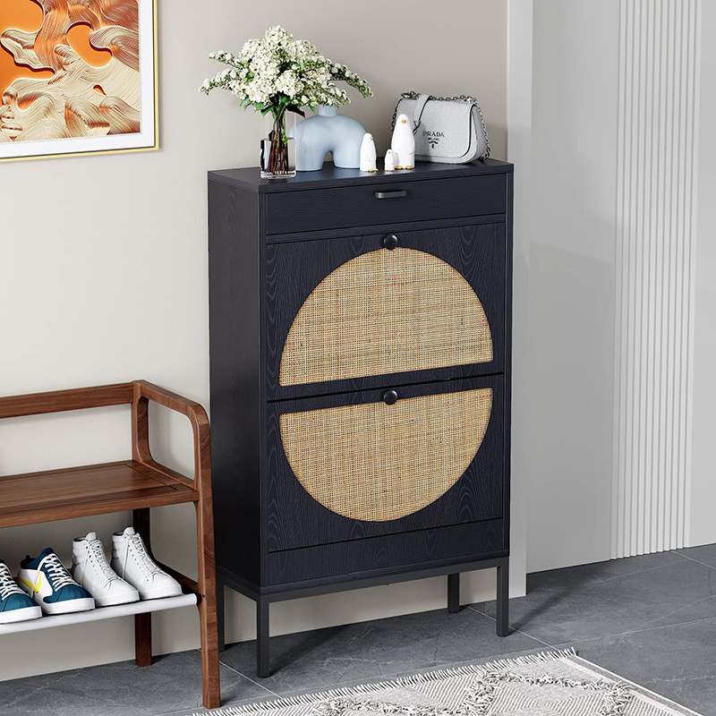 Black wooden breathable ventilation wicker rattan slim mini shoe cabinet rack storage suppliers with drawer