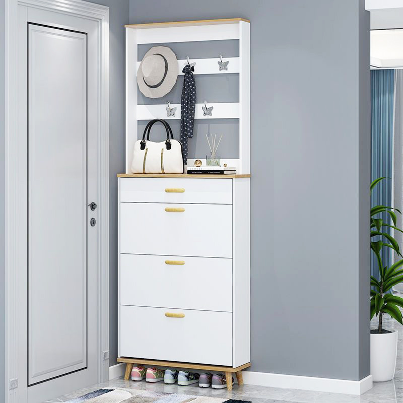 Modern slim thin huge tipping flip bucket white shoe cabinet rack storage cabinet with hanger door wooden tall