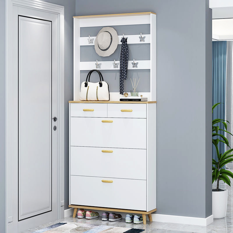 Modern slim thin huge tipping flip bucket white shoe cabinet rack storage cabinet with hanger door wooden tall