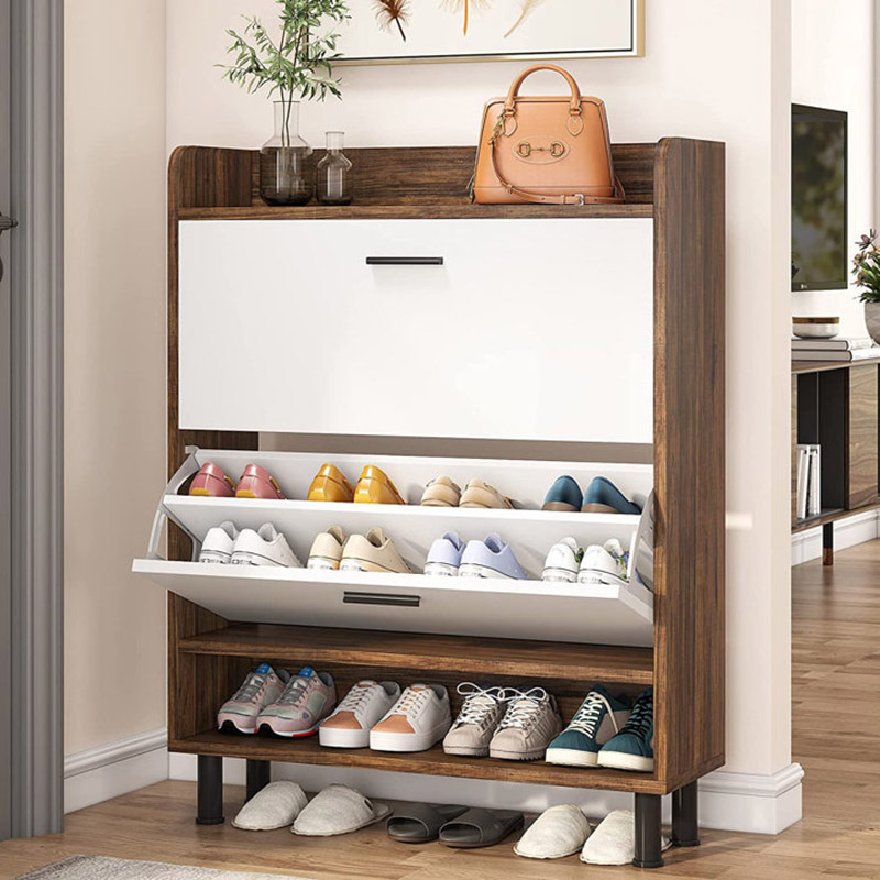 Dark brown white open 3 layer small wooden shoe cabinet rack holder shelf storage organizer cheap price