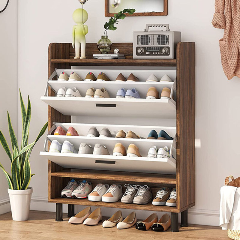 Dark brown white open 3 layer small wooden shoe cabinet rack holder shelf storage organizer cheap price