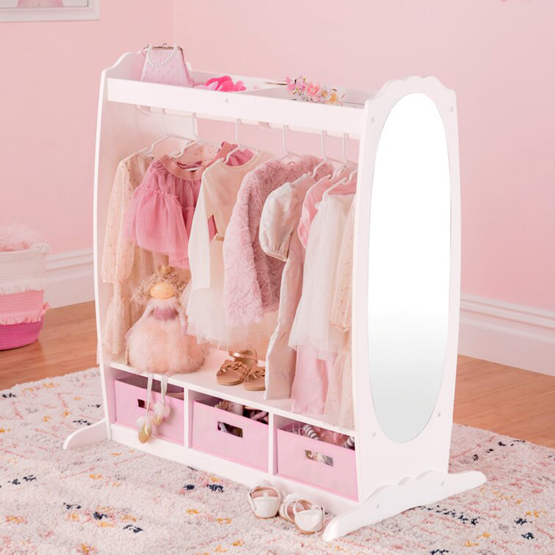 Wooden small baby designs kids children's clothing organizer wardrobe open closet cabinet with drawer mirror