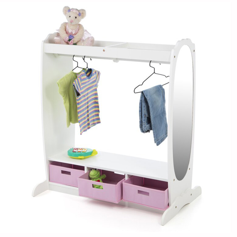 Wooden small baby designs kids children's clothing organizer wardrobe open closet cabinet with drawer mirror