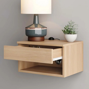 Kids floating hidden compartment bedside cabinet table bamboo color wall mounted cheap nightstand industrial