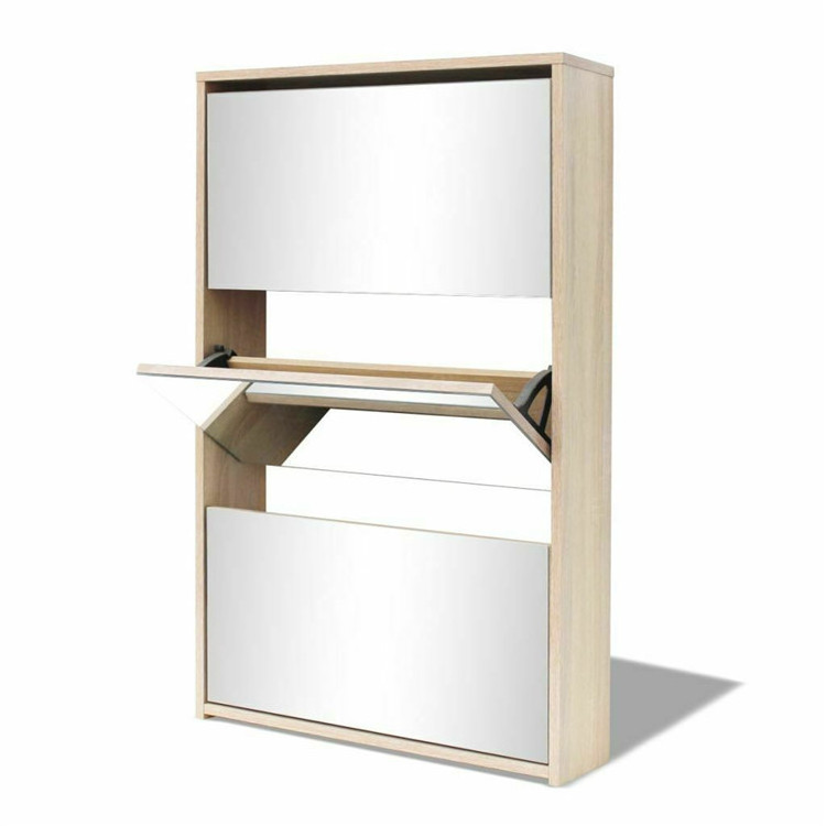 Shoe Rack Storage Organiser Rotating Door Wooden Shoe Cabinet with Mirror